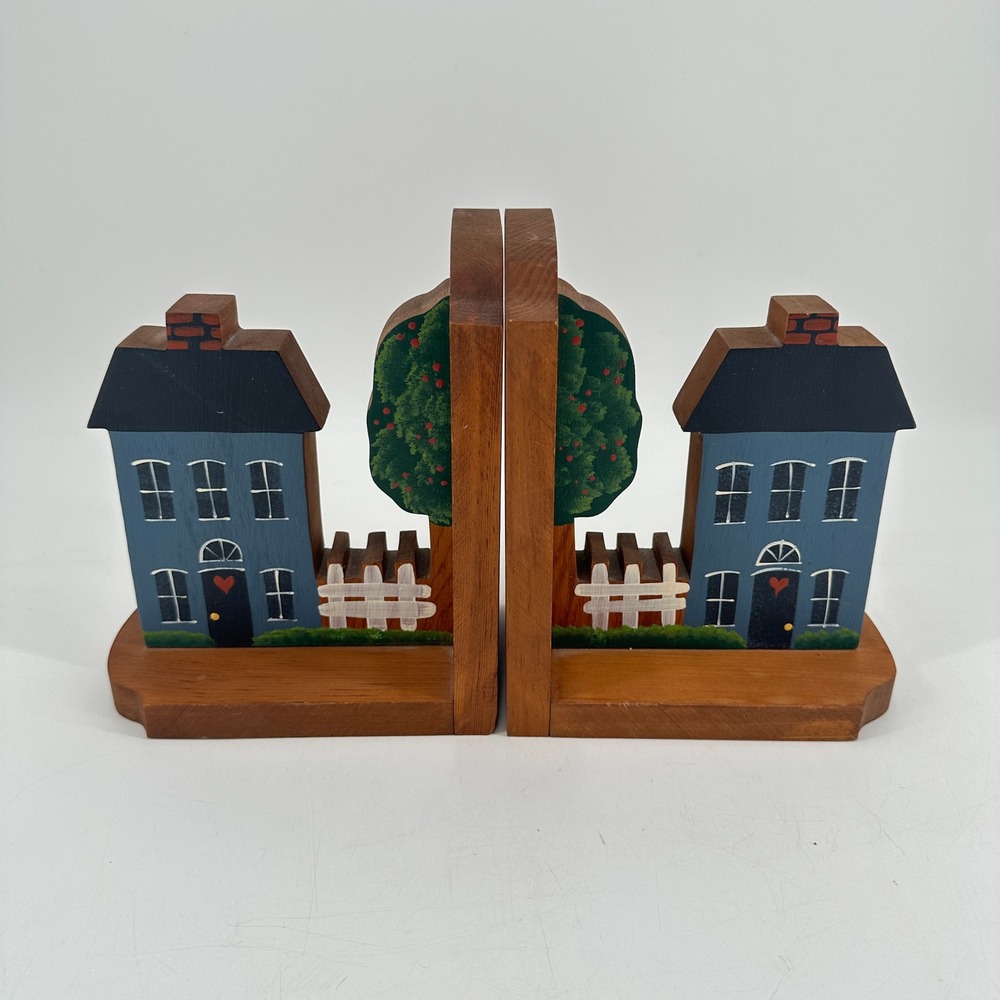 Handmade Wood Bookends Blue House Tree Folk Art Country Cottagecore Decor Pair